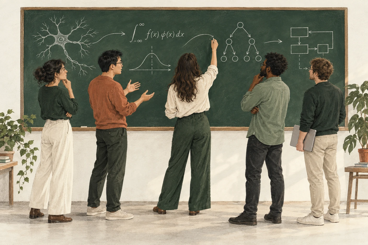 Illustration of five researchers exchanging ideas at a chalkboard filled with neural pathways, equations, search trees, and system diagrams.